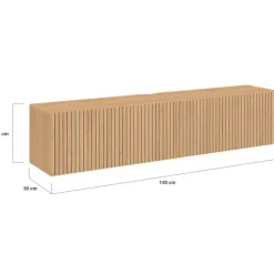Meuble TV 140 cm suspendu 2 portes lattes tasseau bois coloris chêne
