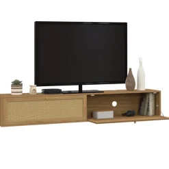 Meuble TV 180 cm suspendu 2 portes effet naturel cannage