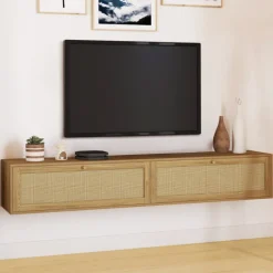 Meuble TV 180 cm suspendu 2 portes effet naturel cannage