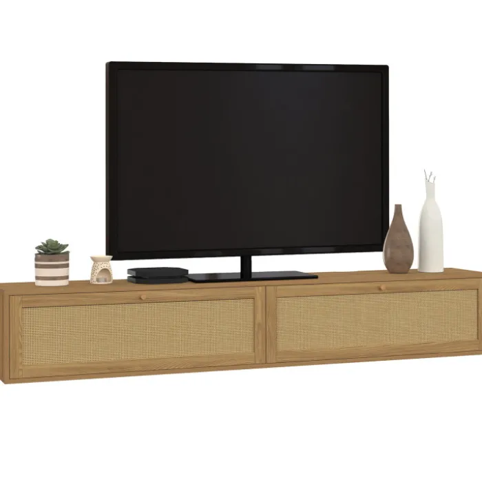 Meuble TV 180 cm suspendu 2 portes effet naturel cannage