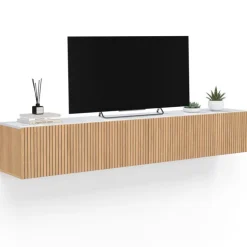 Meuble TV 180 cm suspendu plateau effet marbre lattes tasseau bois coloris chêne