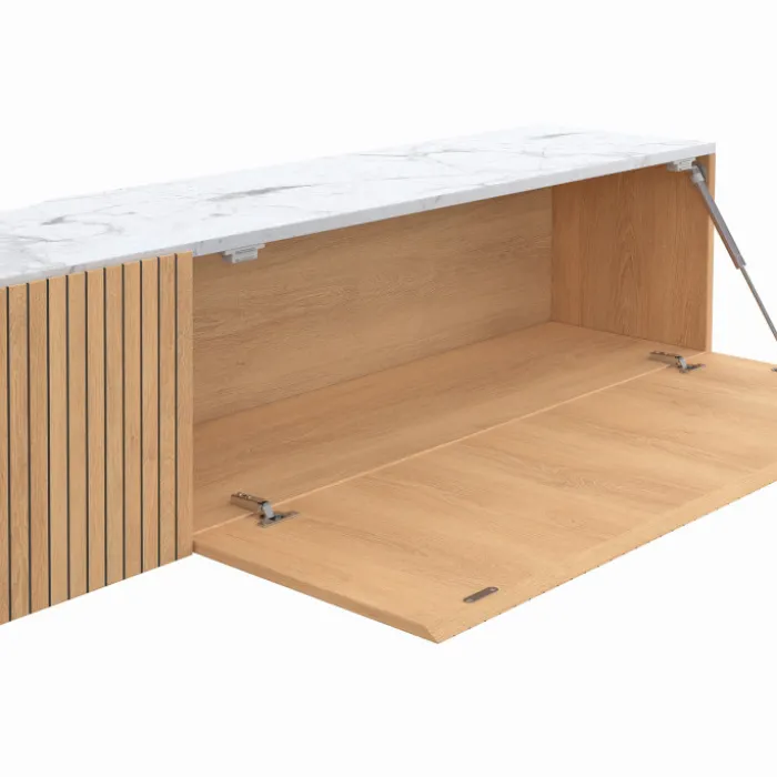 Meuble TV 180 cm suspendu plateau effet marbre lattes tasseau bois coloris chêne