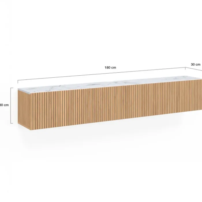Meuble TV 180 cm suspendu plateau effet marbre lattes tasseau bois coloris chêne