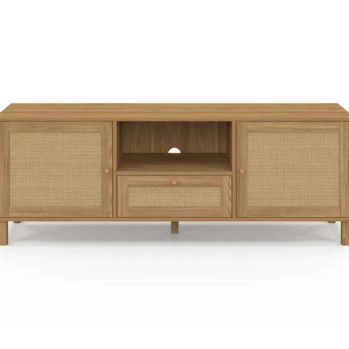 Meuble TV 140 cm vintage 3 portes effet naturel cannage