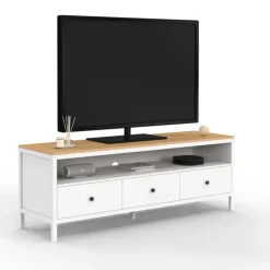 Meuble TV 3 tiroirs blanc et plateau bois 140 cm