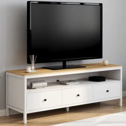 Meuble TV 3 tiroirs blanc et plateau bois 140 cm