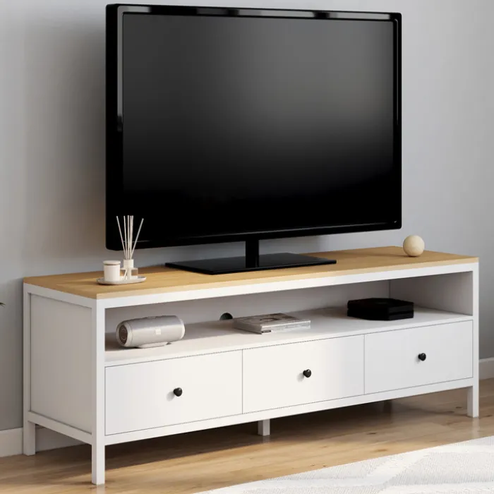 Meuble TV 3 tiroirs blanc et plateau bois 140 cm