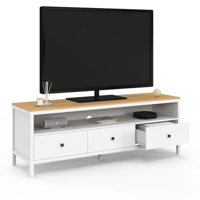 Meuble TV 3 tiroirs blanc et plateau bois 140 cm