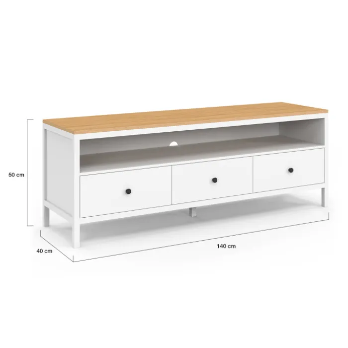 Meuble TV 3 tiroirs blanc et plateau bois 140 cm