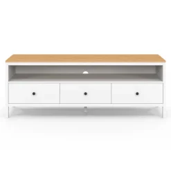 Meuble TV 3 tiroirs blanc et plateau bois 140 cm