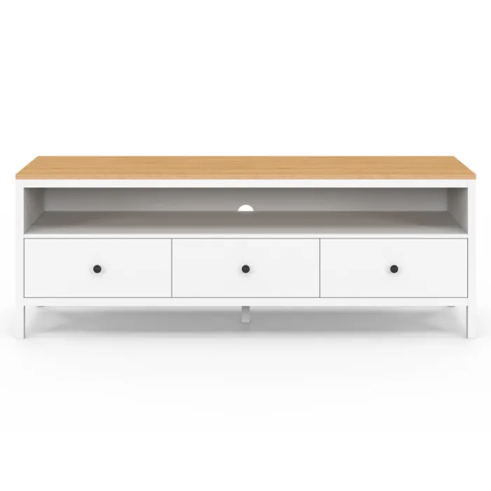Meuble TV 3 tiroirs blanc et plateau bois 140 cm