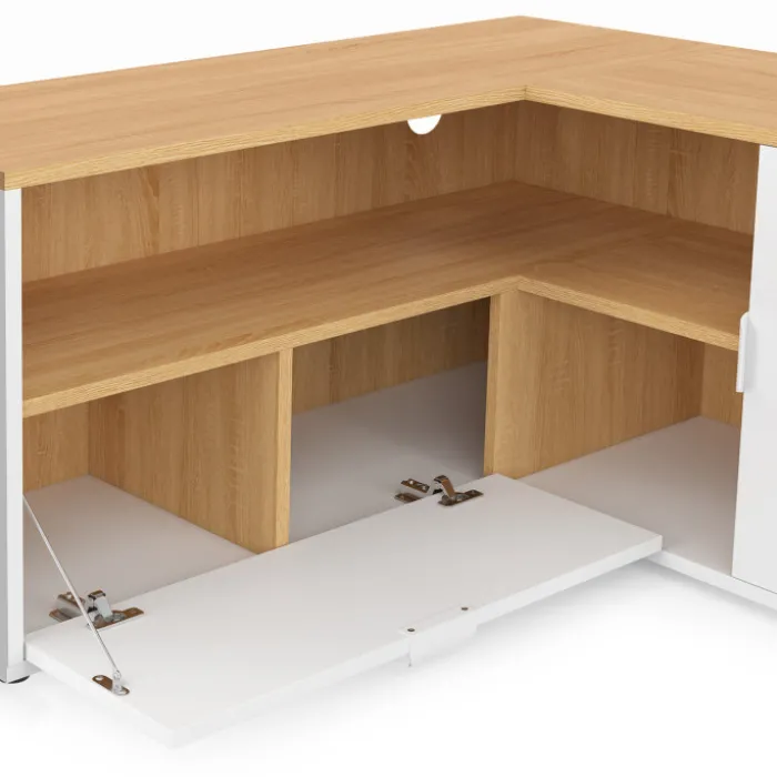 Meuble TV 90 x 90 cm d'angle façon hêtre et blanc