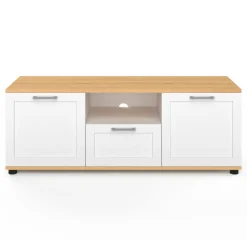 Meuble TV blanc et bois 110 cm avec tiroir et niche