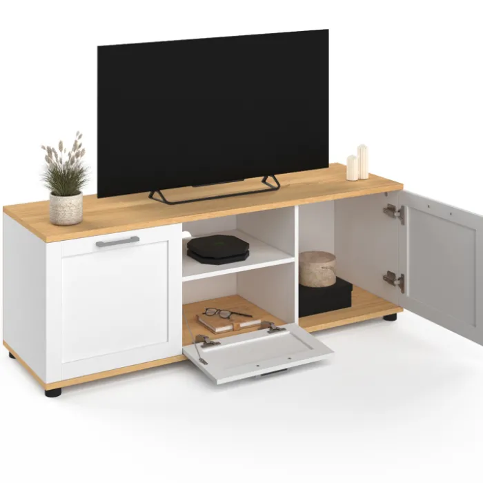 Meuble TV blanc et bois 110 cm avec tiroir et niche