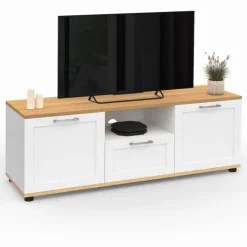 Meuble TV blanc et bois 110 cm avec tiroir et niche