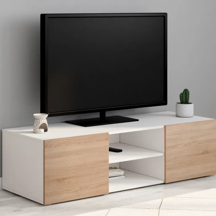 Meuble TV blanc et imitation hêtre