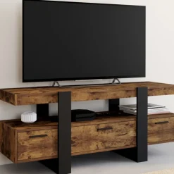 Meuble TV bois effet vieilli et noir avec tiroirs