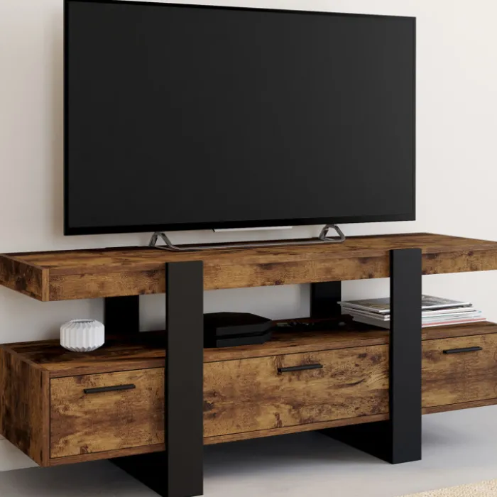 Meuble TV bois effet vieilli et noir avec tiroirs