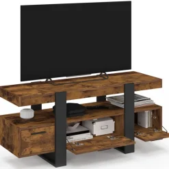 Meuble TV bois effet vieilli et noir avec tiroirs