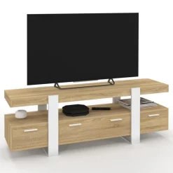 Meuble TV bois et blanc 140 cm avec tiroirs