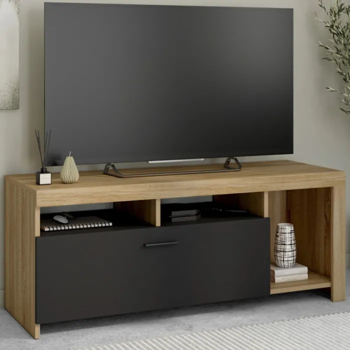 Meuble TV bois et placard noir moderne