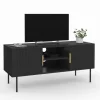 Meuble TV bois noir 110 cm 2 portes effet lattes