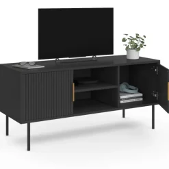 Meuble TV bois noir 110 cm 2 portes effet lattes