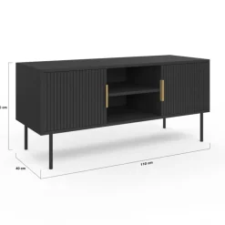 Meuble TV bois noir 110 cm 2 portes effet lattes
