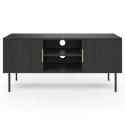 Meuble TV bois noir 110 cm 2 portes effet lattes