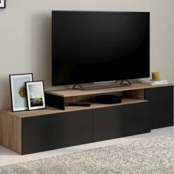 Meuble TV 180-240 cm modulable d’angle rotatif bois et noir