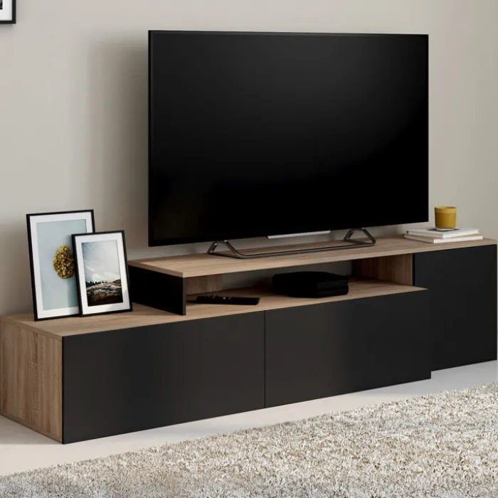 Meuble TV 180-240 cm modulable d’angle rotatif bois et noir