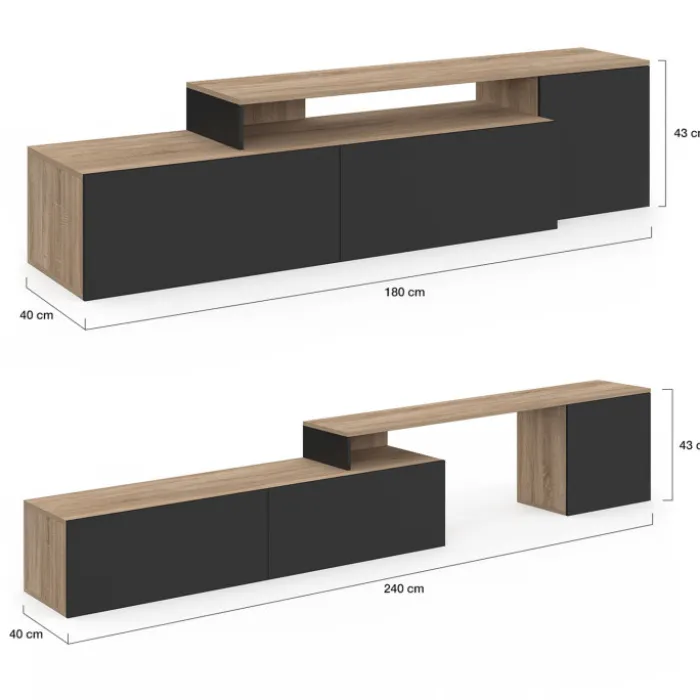 Meuble TV 180-240 cm modulable d’angle rotatif bois et noir