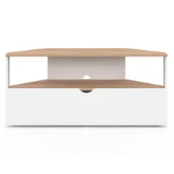 Meuble TV d'angle 100 cm en bois façon hêtre et blanc