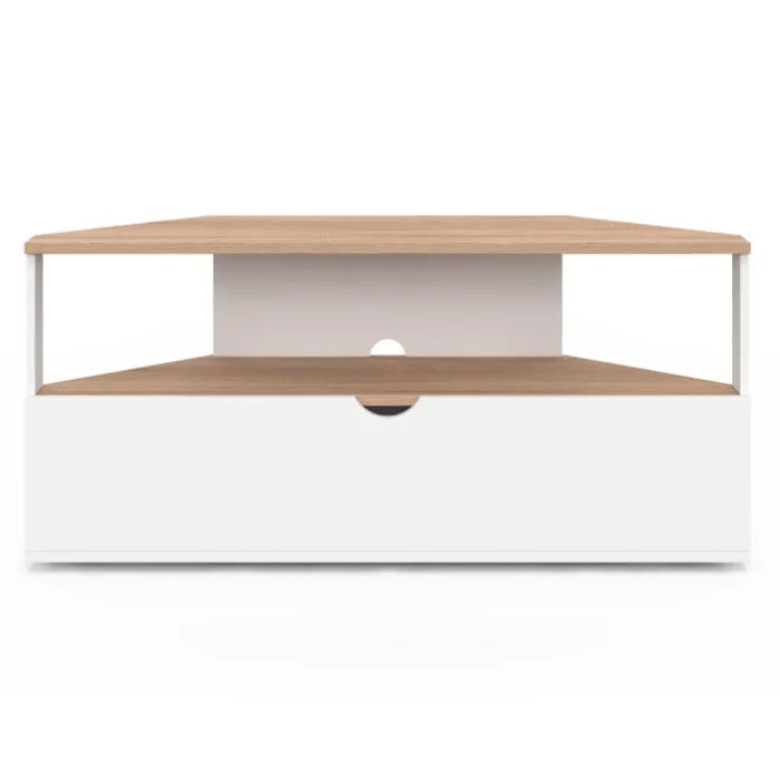 Meuble TV d'angle 100 cm en bois façon hêtre et blanc