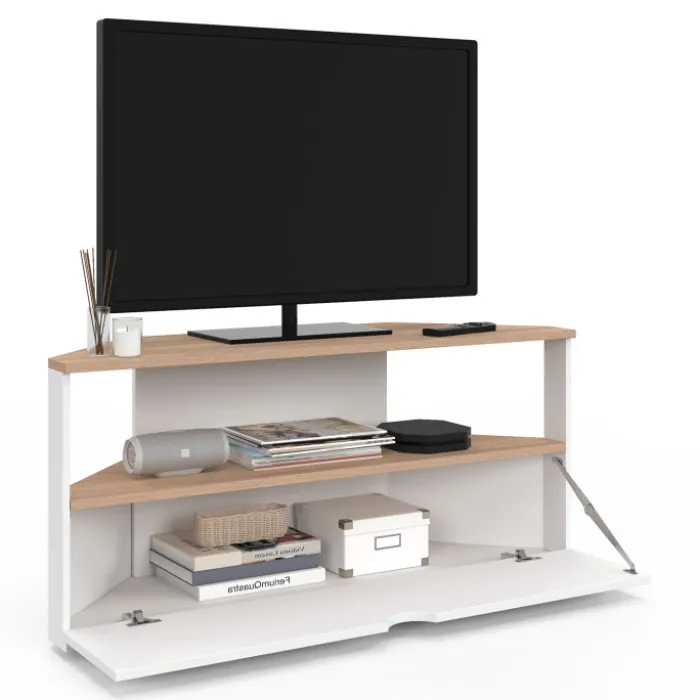 Meuble TV d'angle 100 cm en bois façon hêtre et blanc