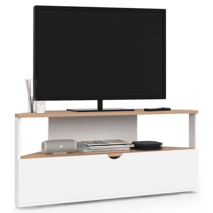 Meuble TV d'angle 100 cm en bois façon hêtre et blanc