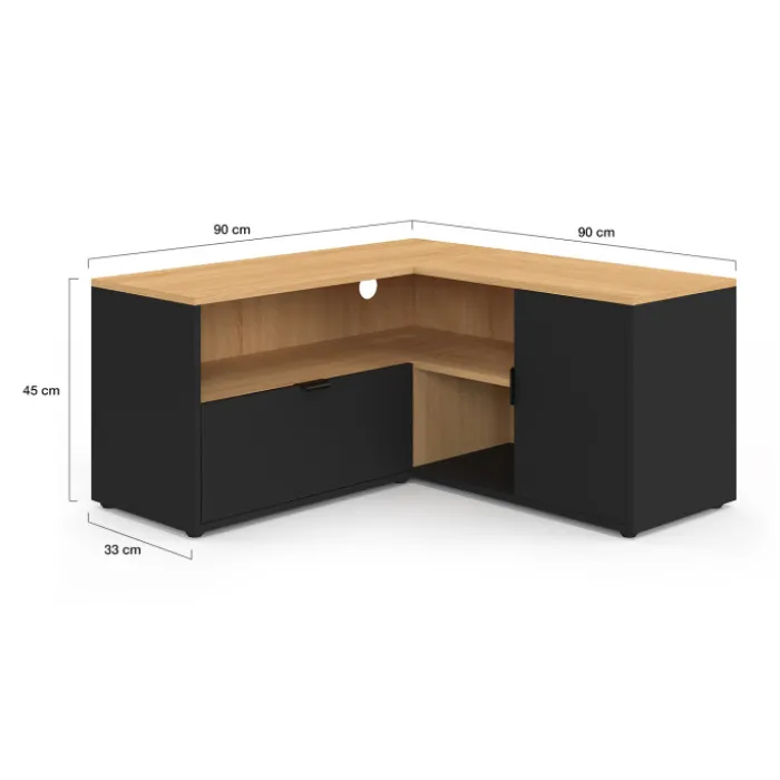 Meuble TV d'angle 90 x 90 cm façon hêtre et noir