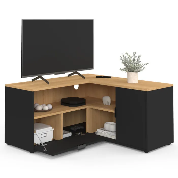 Meuble TV d'angle 90 x 90 cm façon hêtre et noir