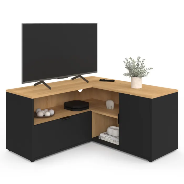 Meuble TV d'angle 90 x 90 cm façon hêtre et noir
