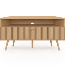 Meuble TV d’angle 110 cm porte effet lattes coloris chêne