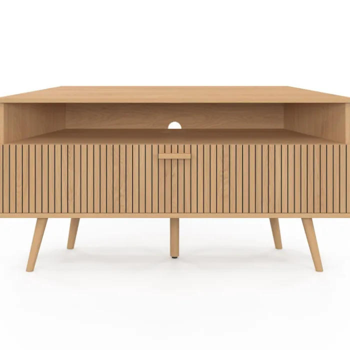 Meuble TV d’angle 110 cm porte effet lattes coloris chêne