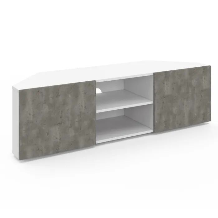 Meuble TV d'angle effet béton et blanc 110 cm