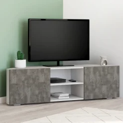 Meuble TV d'angle effet béton et blanc 110 cm