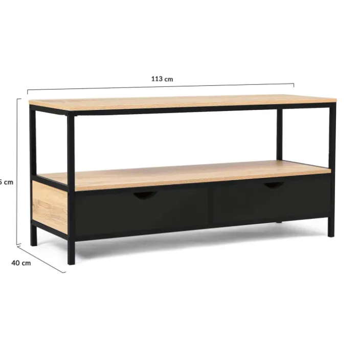 Meuble TV en bois et métal noir 2 tiroirs