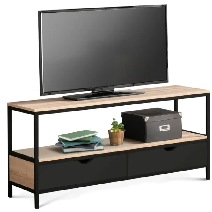 Meuble TV en bois et métal noir 2 tiroirs