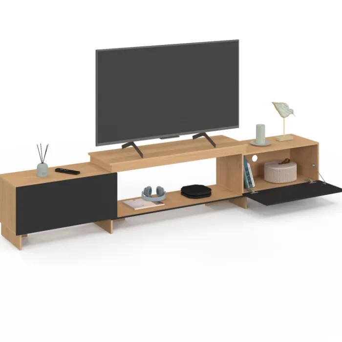 Meuble TV extensible 140-240 cm 2 portes bois et noir