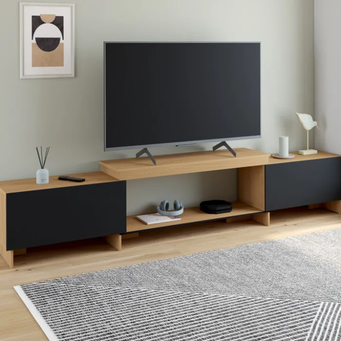 Meuble TV extensible 140-240 cm 2 portes bois et noir