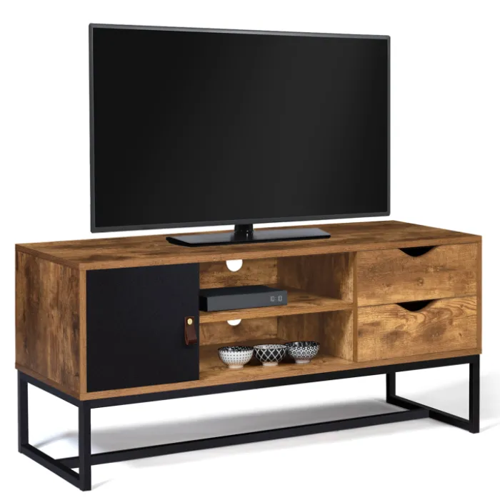Meuble TV industriel bois métal 2 tiroirs avec placard