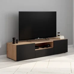 Meuble TV moderne 140cm bois façon hêtre portes noires