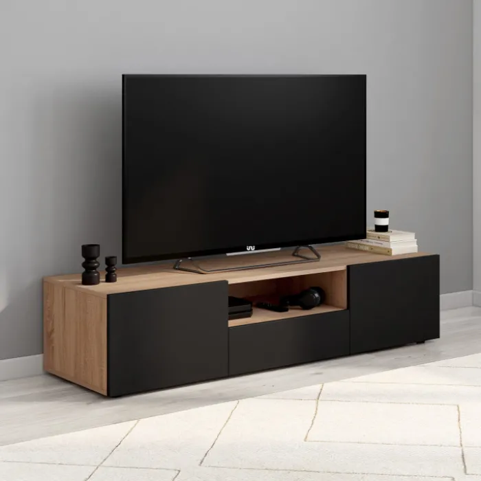 Meuble TV moderne 140cm bois façon hêtre portes noires